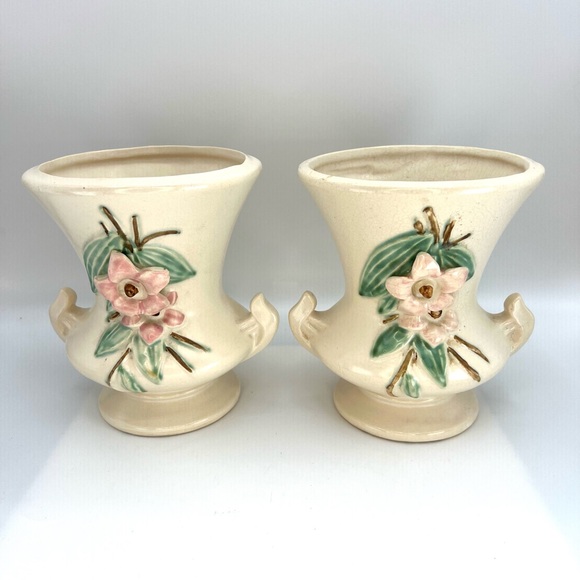 McCoy Pottery 1940s Vintage Vases Set Of 2 Blossom Time Floral Pink Flower - Picture 1 of 13